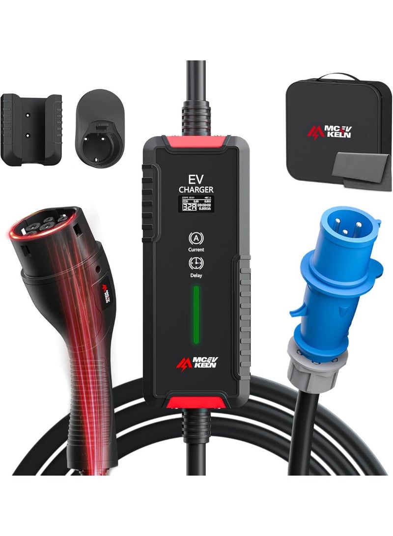 MCEVKELN Type 2 EV Charger CEE 3 kW 10 m - Charging Cable Type 2 32A | 1-Phase | Mode 3 Charging Cable | Switchable Current 6A-32A, EV Mobile Charging Station for Electric Cars & Hybrid IEC 62196-2 - Image 1